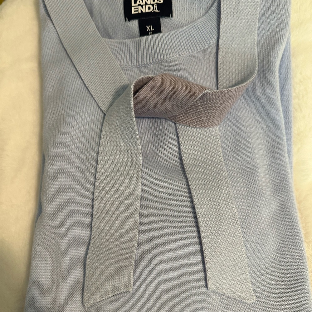 Lands' End Blue Crewneck Cotton Sweater with Knit Tie Detail